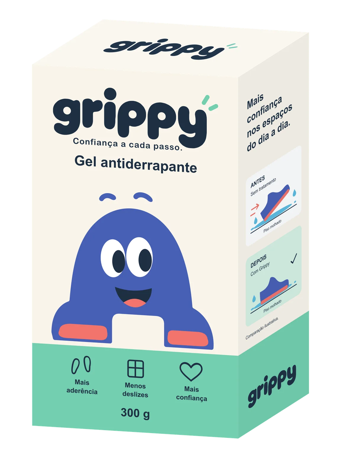 Embalagem GRIPPY: caixa marfim e menta com a mascote azul