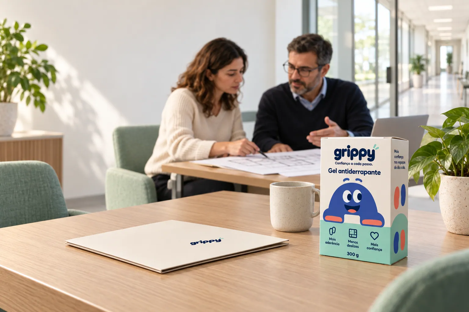 Concept image of a GRIPPY carton on a desk during a meeting
