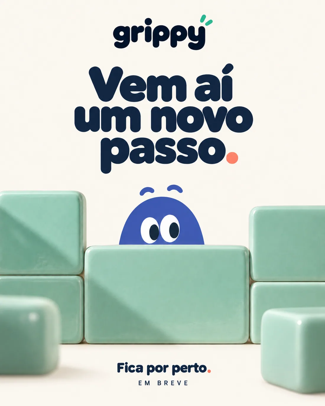GRIPPY teaser post: Vem aí um novo passo, with the mascot peeking over mint blocks