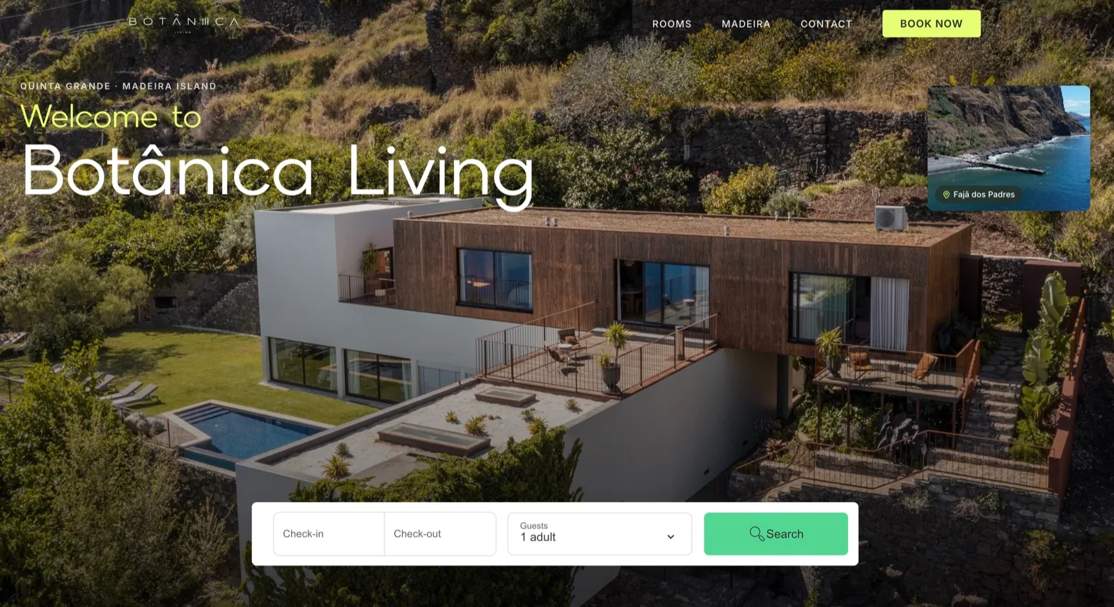 Botânica Living homepage with a modern house, pool and booking bar