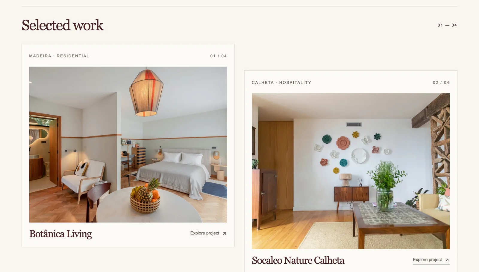 Selected work section with project cards for Botânica Living and Socalco Nature Calheta