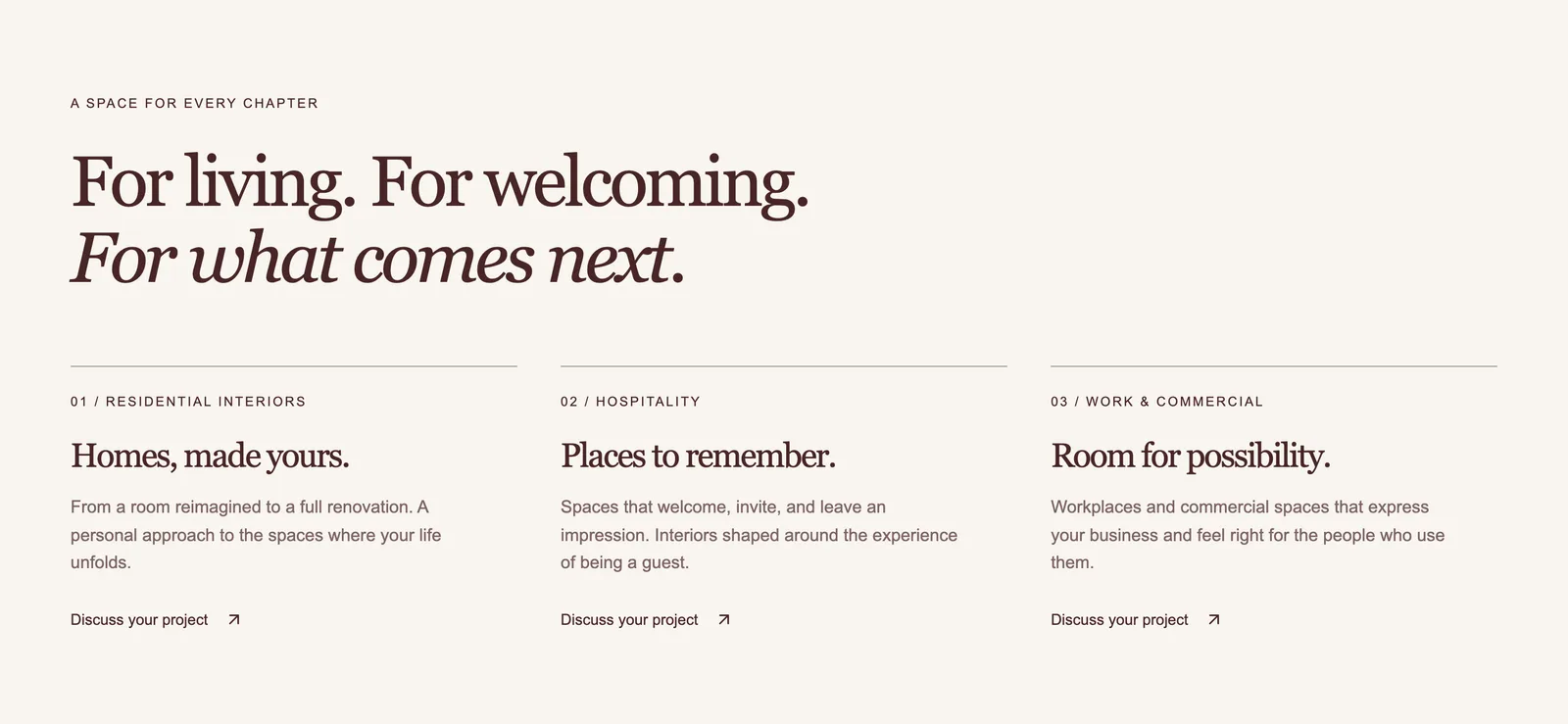 Services section: residential interiors, hospitality, and work and commercial